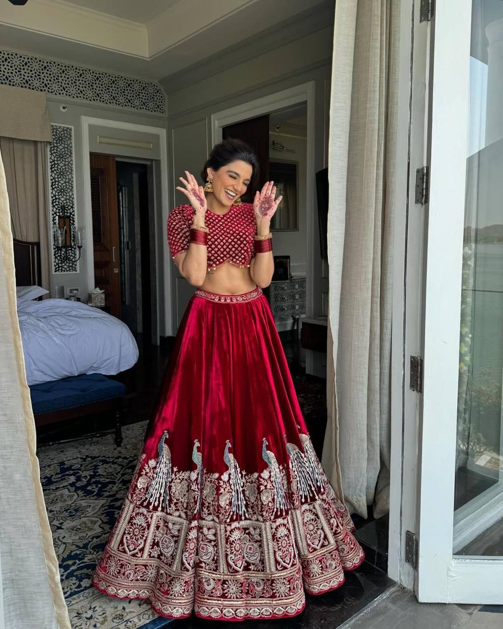 Red Velvet Lehenga With Peacock Embroidery - Buy Shree Fashion