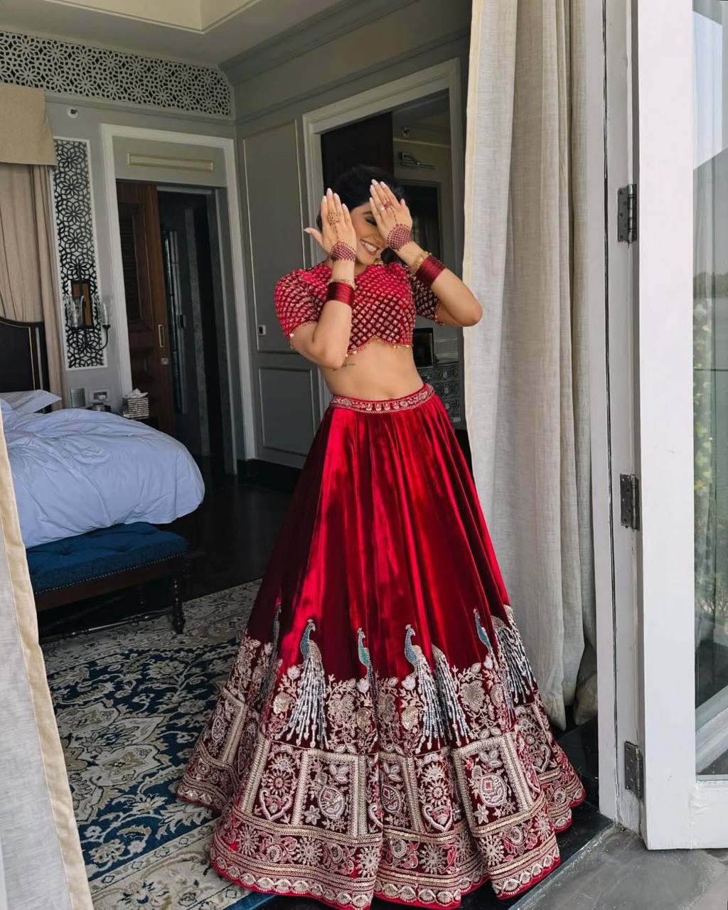 Red Velvet Lehenga With Peacock Embroidery - Buy Shree Fashion