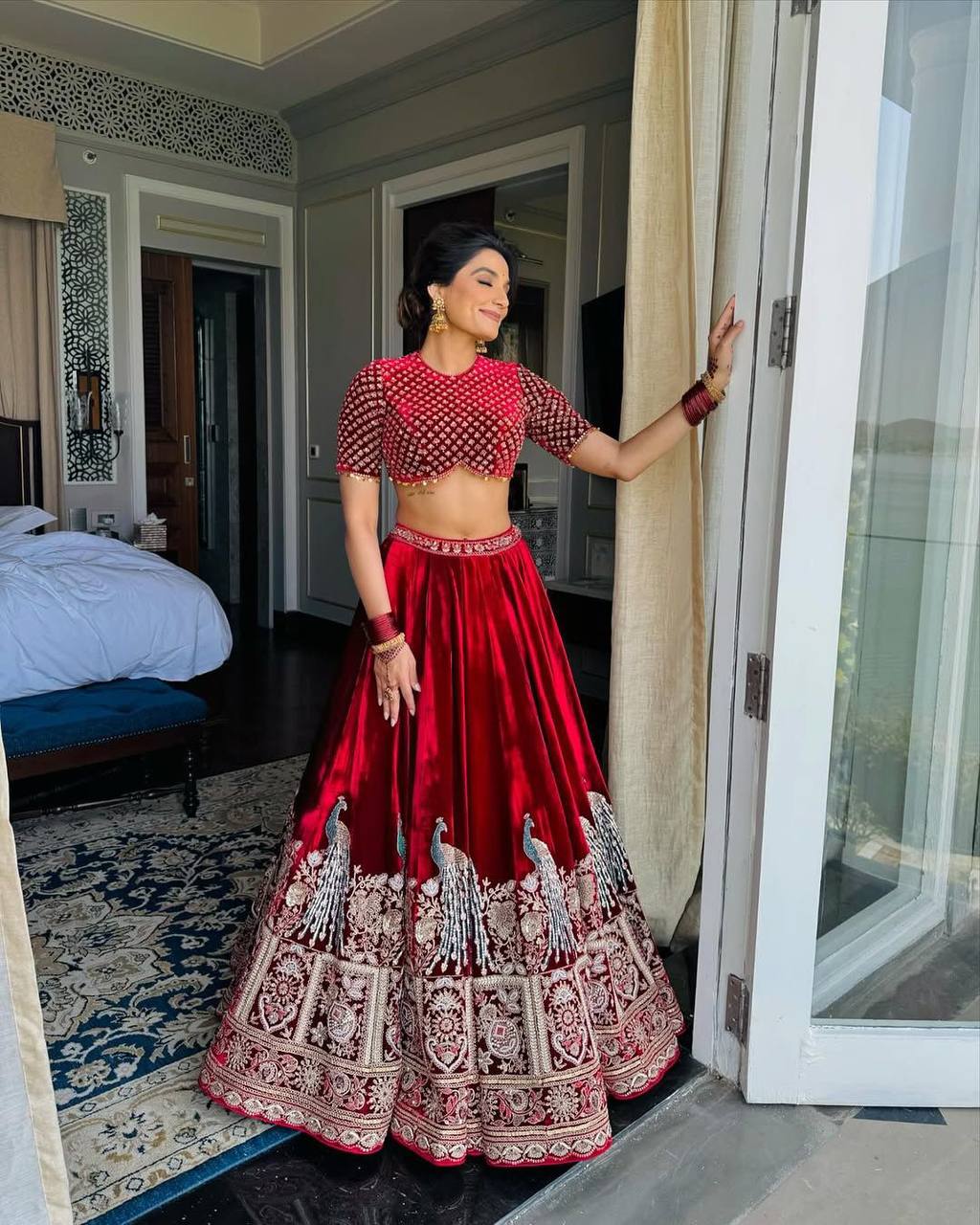 Red Velvet Lehenga With Peacock Embroidery - Buy Shree Fashion