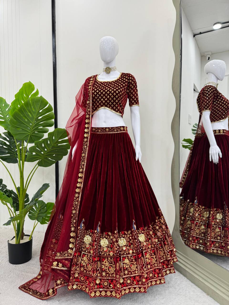 Red Velvet Lehenga With Peacock Embroidery - Buy Shree Fashion