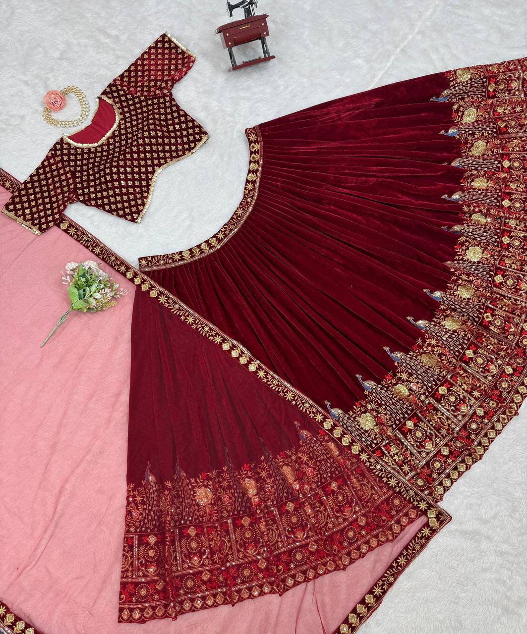 Red Velvet Lehenga With Peacock Embroidery - Buy Shree Fashion