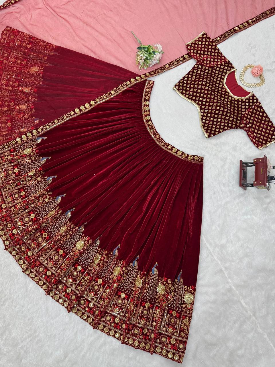 Red Velvet Lehenga With Peacock Embroidery - Buy Shree Fashion