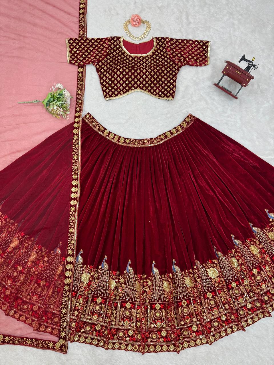 Red Velvet Lehenga With Peacock Embroidery - Buy Shree Fashion