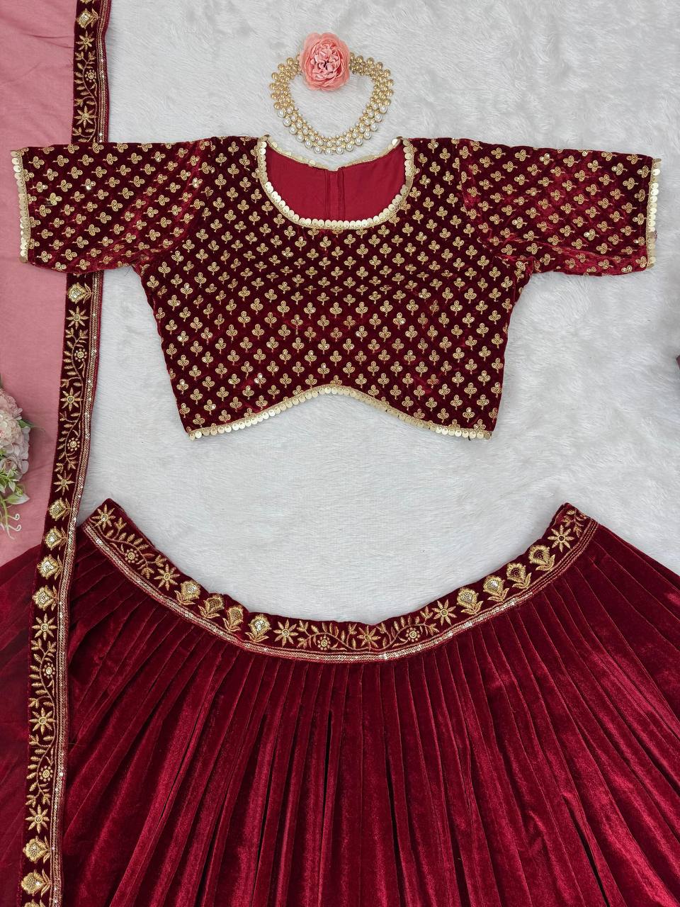 Red Velvet Lehenga With Peacock Embroidery - Buy Shree Fashion