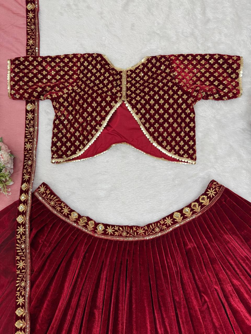 Red Velvet Lehenga With Peacock Embroidery - Buy Shree Fashion