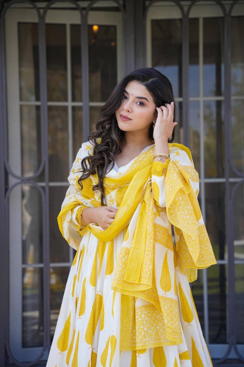 Yellow & White Kurta Suit Sets For Women By Shree Fashion