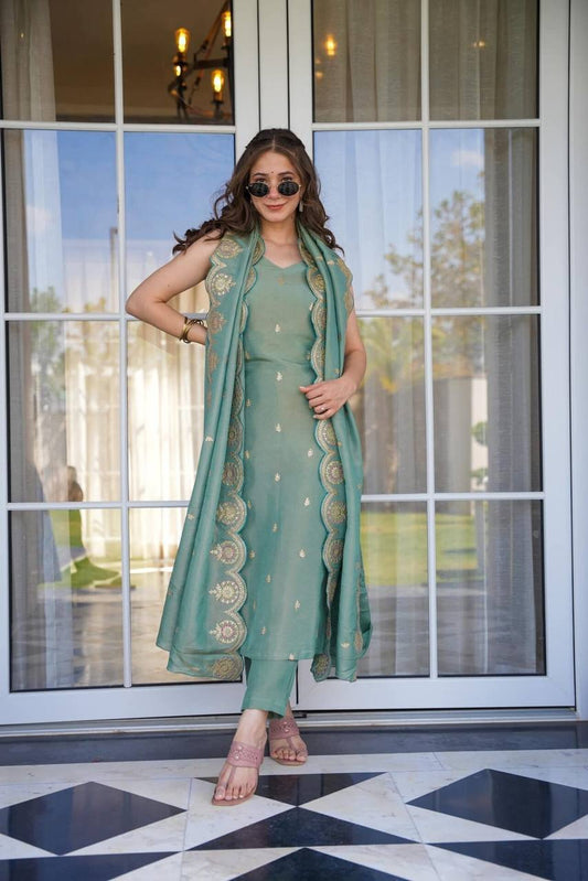 Artful Peacock Green Color Chinnon Silk Embroidery Salwar Suit