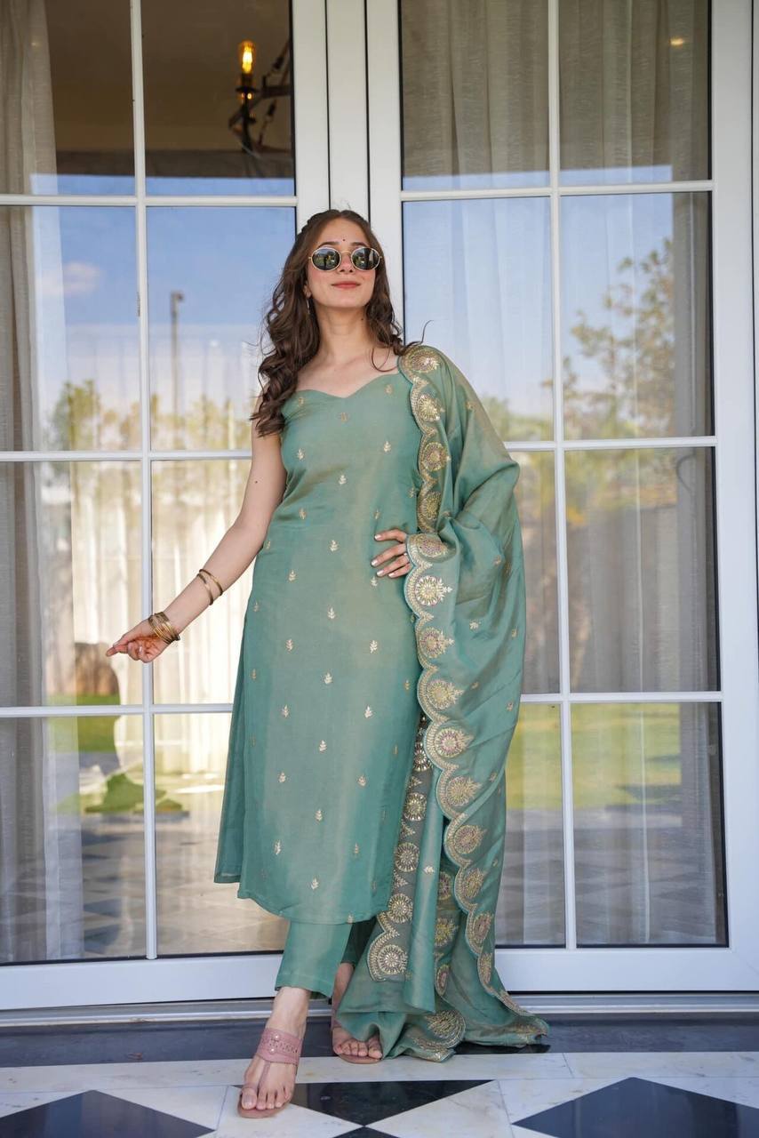 Artful Peacock Green Color Chinnon Silk Embroidery Salwar Suit