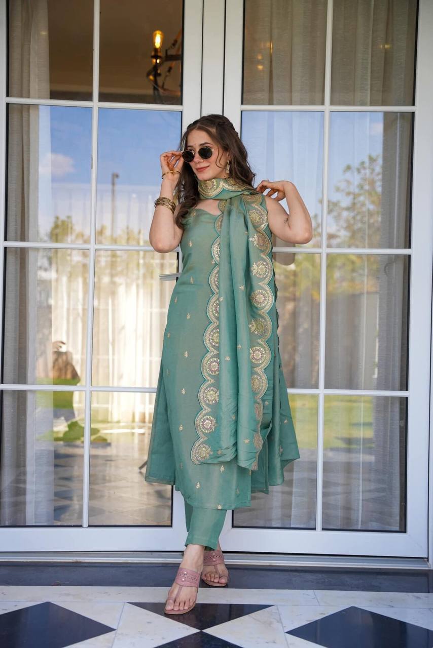 Artful Peacock Green Color Chinnon Silk Embroidery Salwar Suit