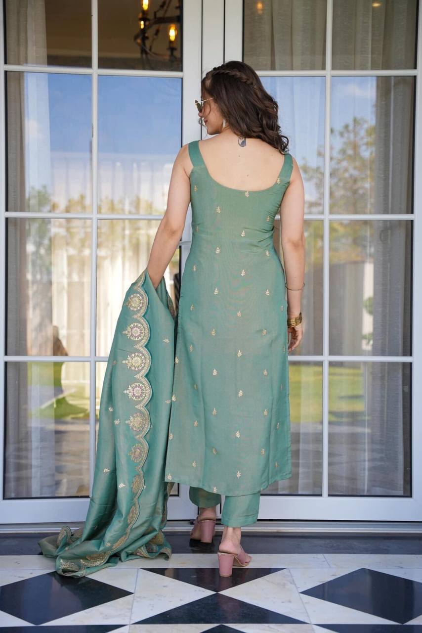 Artful Peacock Green Color Chinnon Silk Embroidery Salwar Suit