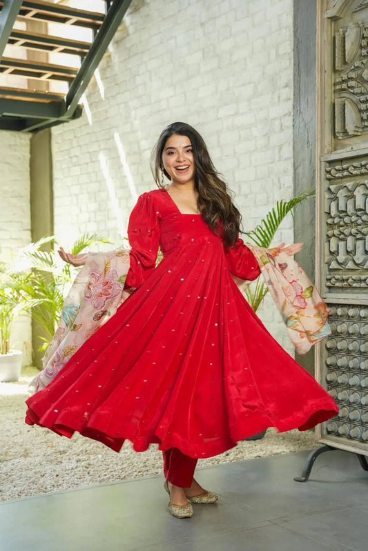 Velvet Red Suit Set -Shree Fashion