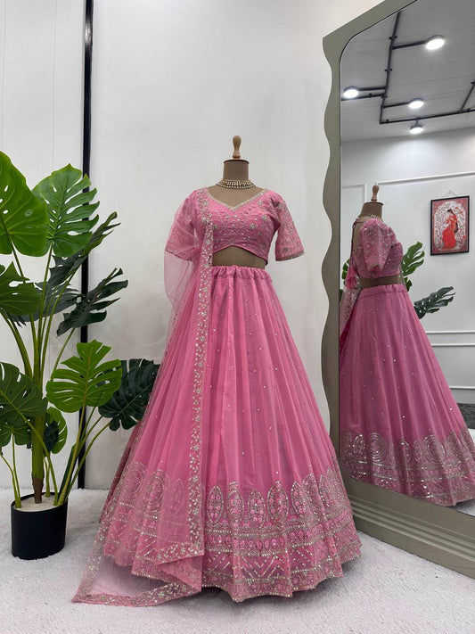 Pink Heavy Faux Georgette Sequence Embroidery Work Lehenga Choli