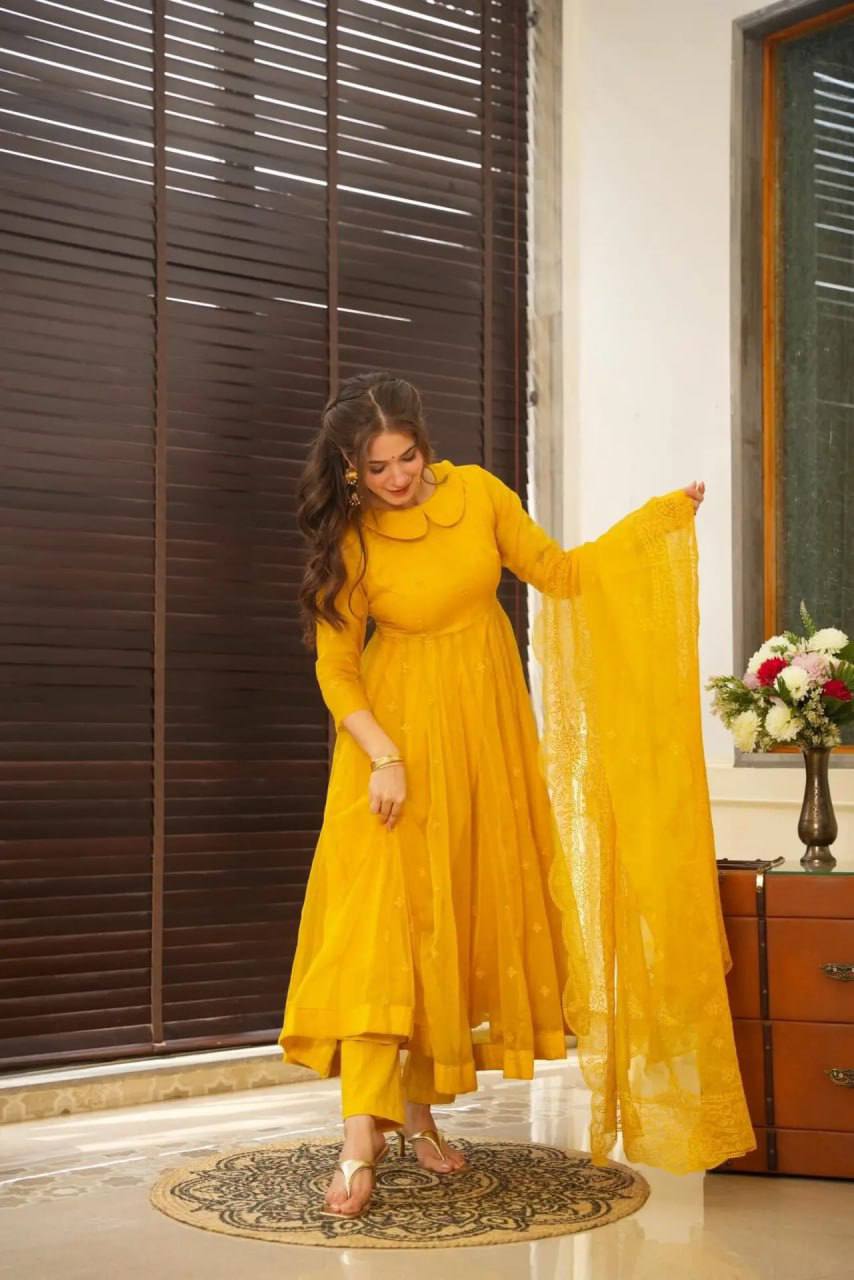 Yellow Organza Suit Set With Intricate Embroidery -Shree Fashion