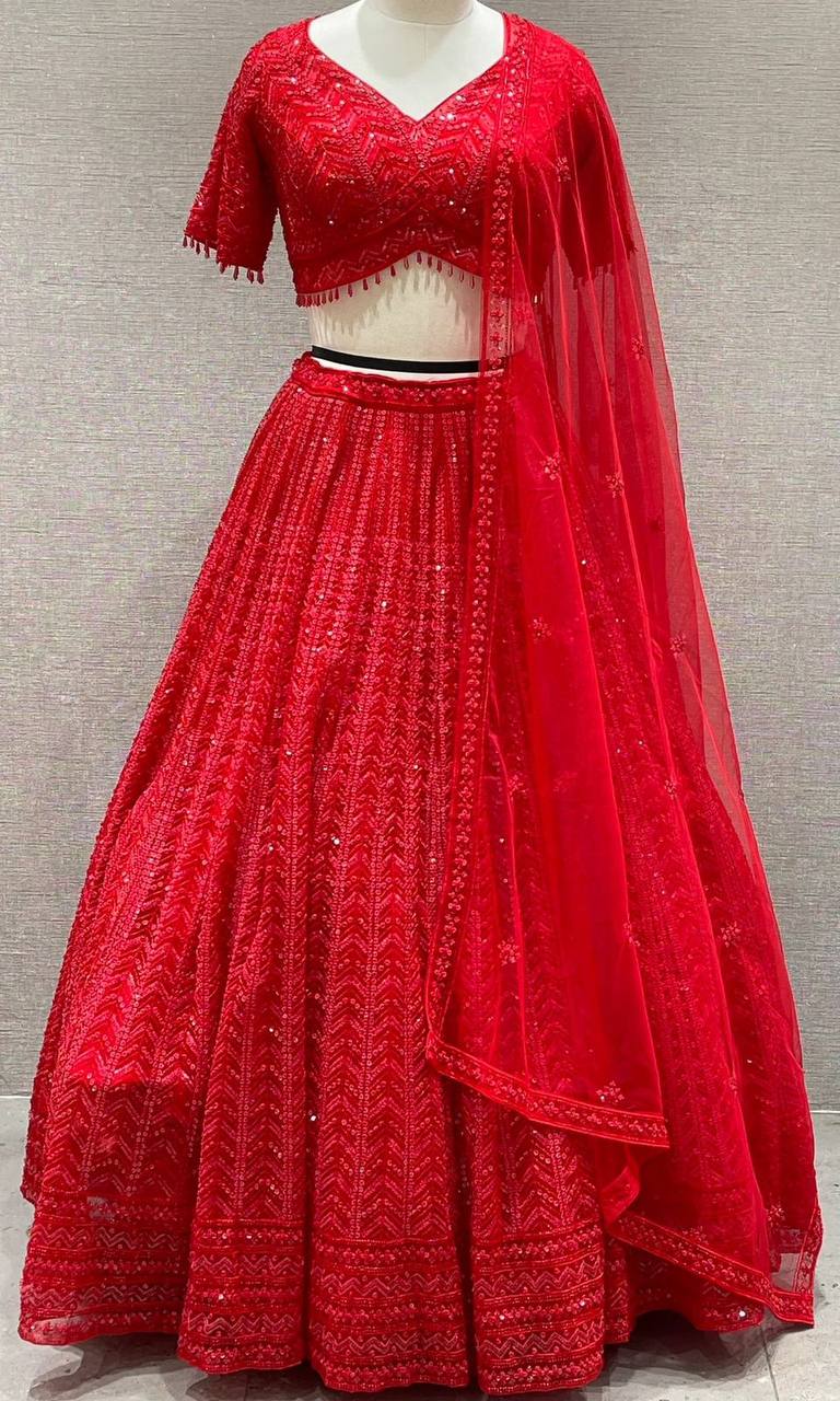 Black & Red Georgette Thread Work Lehenga Choli - Shree-fashion