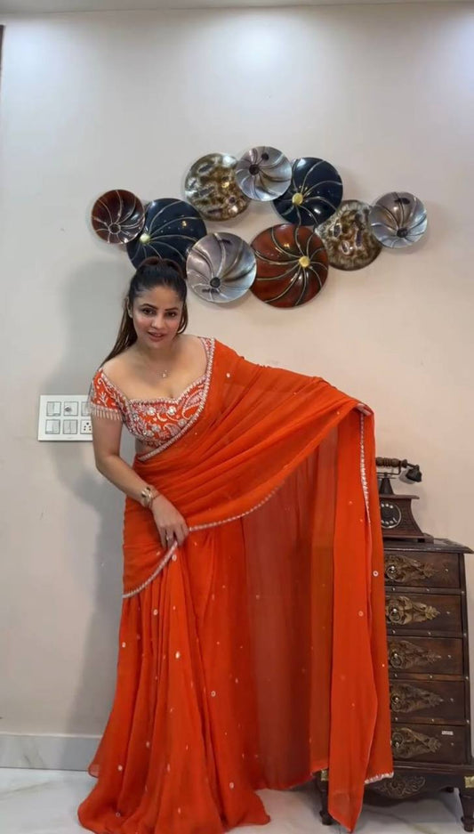 Orange Sequined Lehenga Saree - shree fashion