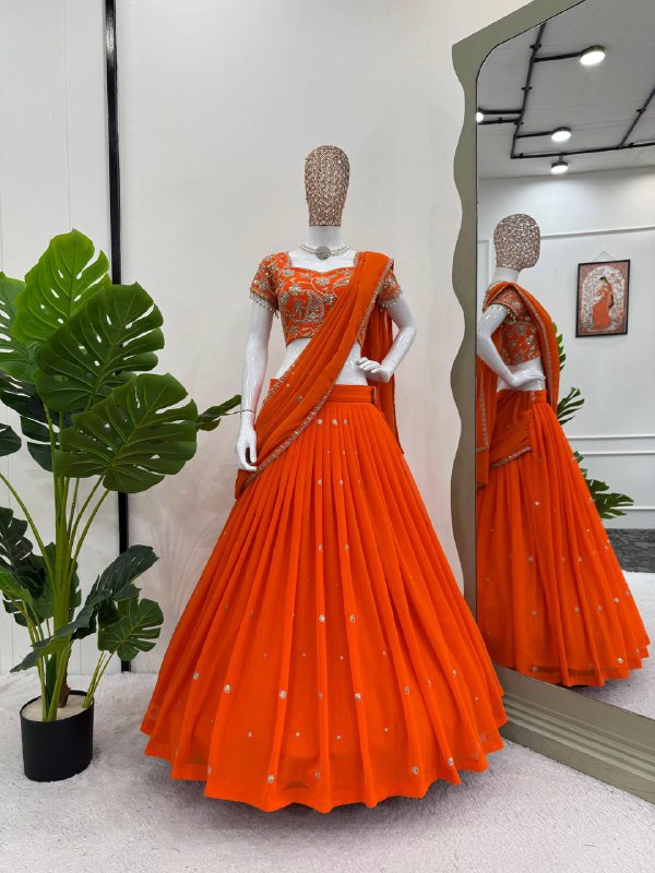 Orange Sequined Lehenga Saree - shree fashion