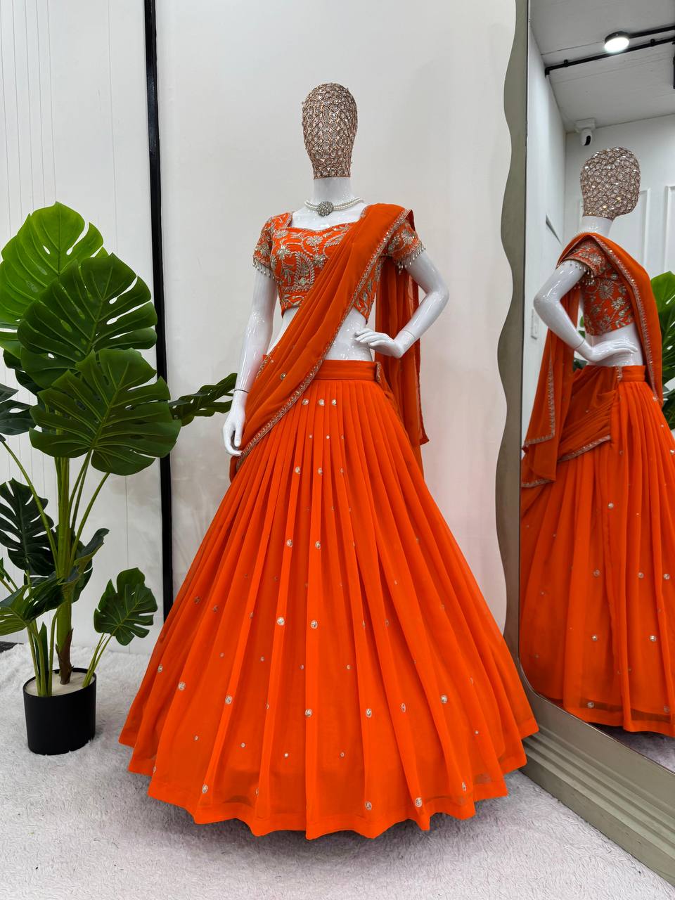 Orange Sequined Lehenga Saree - shree fashion