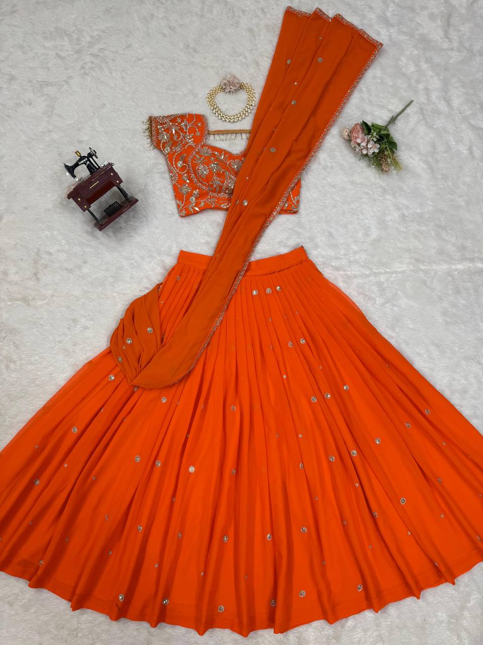 Orange Sequined Lehenga Saree - shree fashion