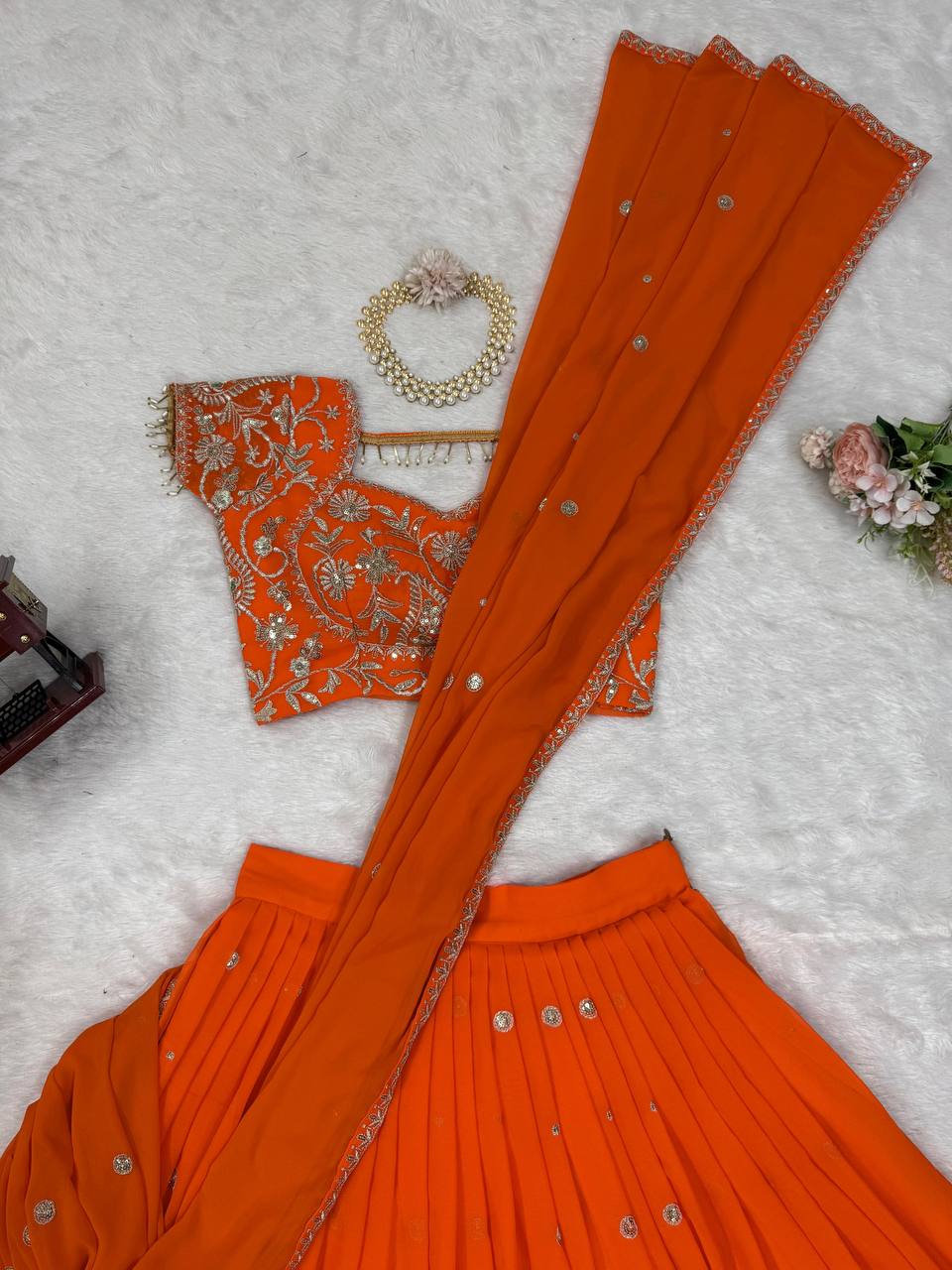 Orange Sequined Lehenga Saree - shree fashion