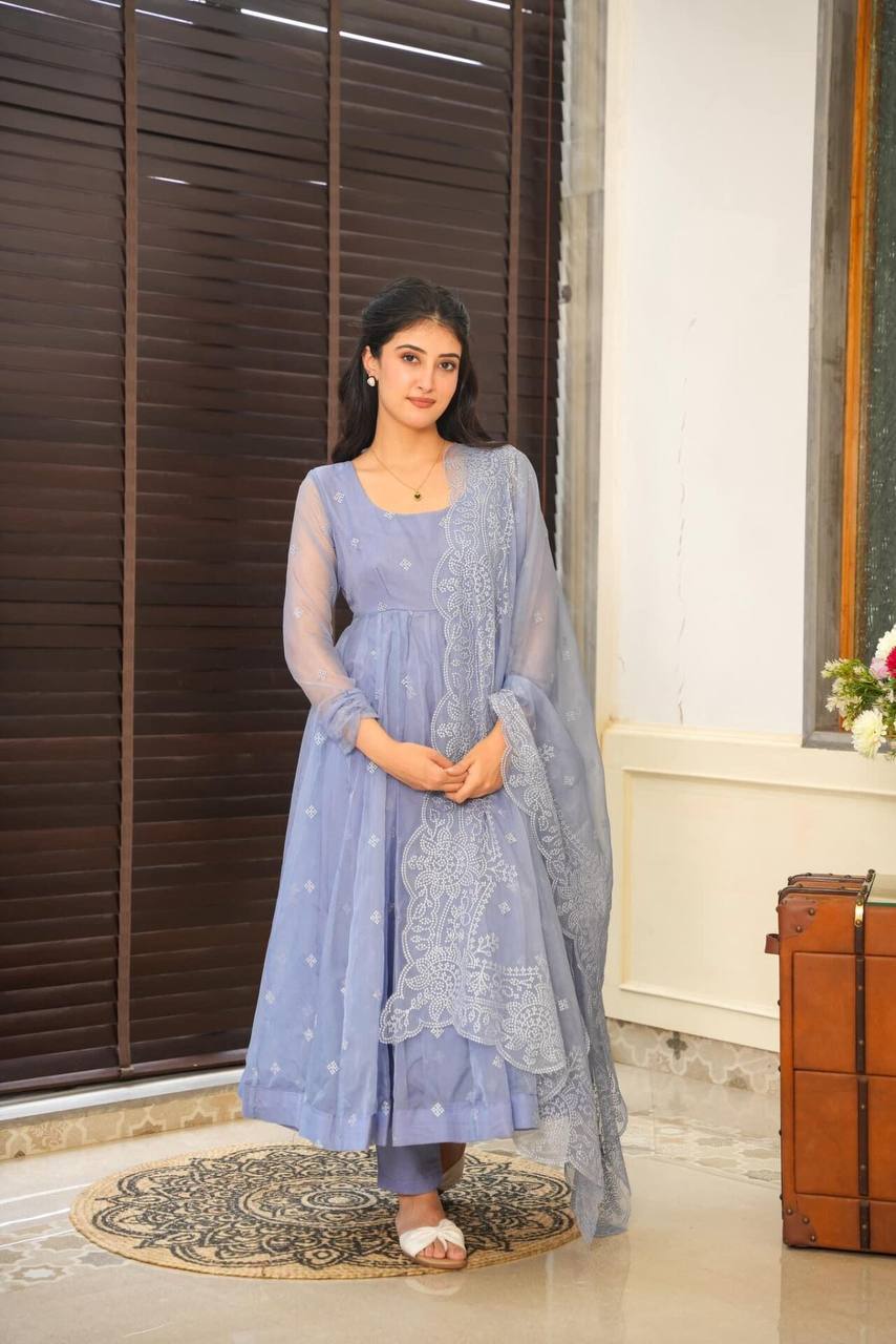 Pastel Blue Embroidered Anarkali Suit With Intricate Embroidery - Shree Fashion