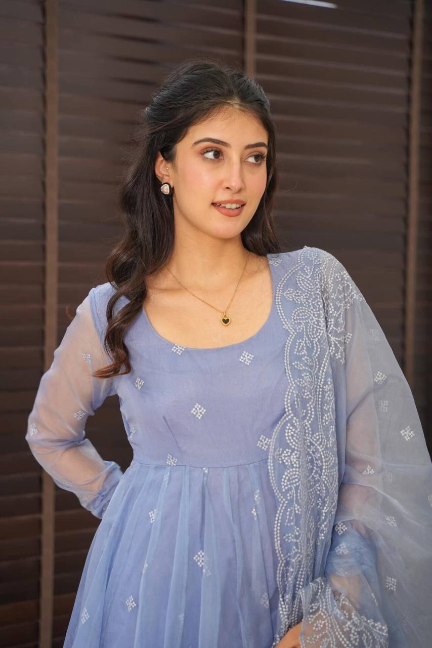 Pastel Blue Embroidered Anarkali Suit With Intricate Embroidery - Shree Fashion