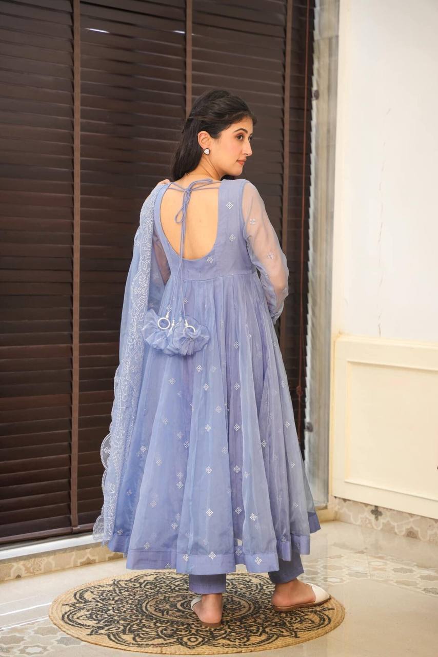 Pastel Blue Embroidered Anarkali Suit With Intricate Embroidery - Shree Fashion