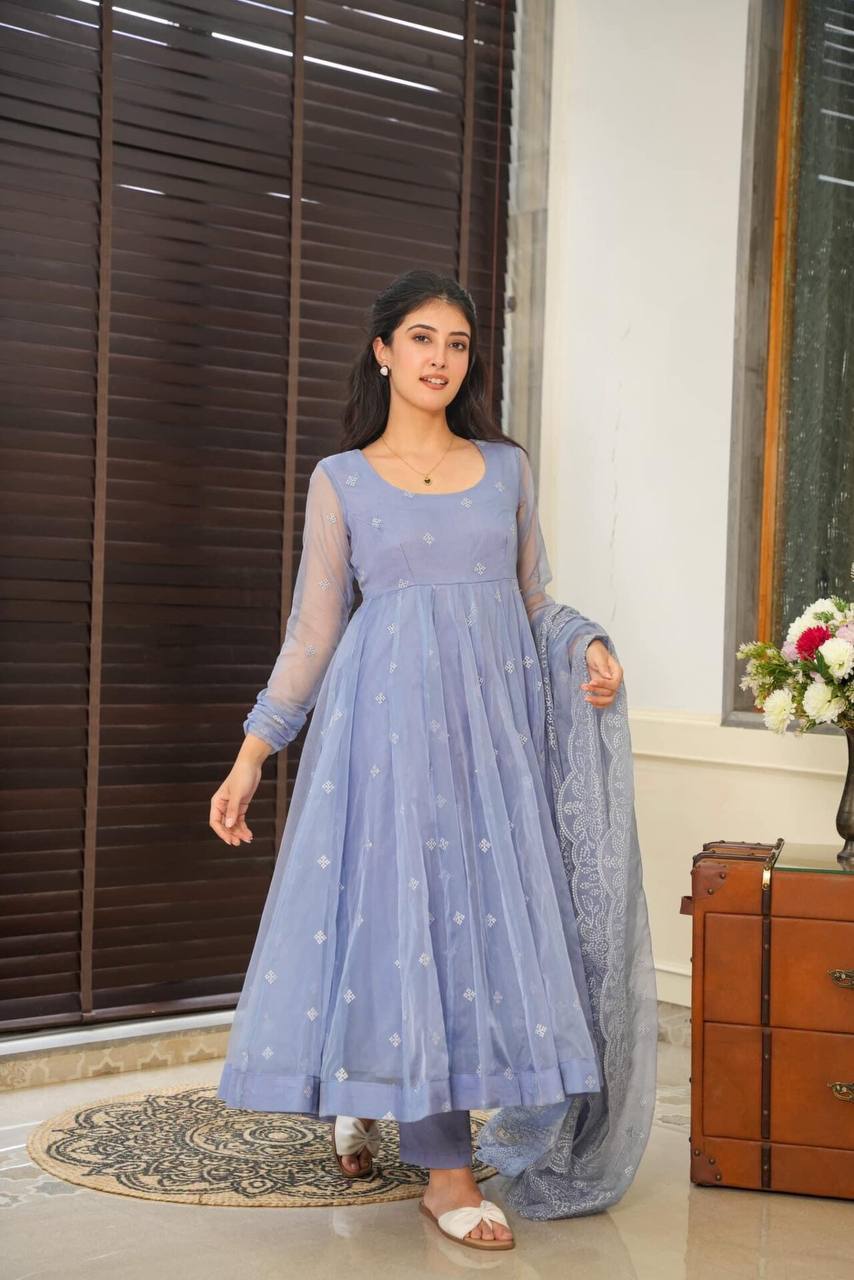 Pastel Blue Embroidered Anarkali Suit With Intricate Embroidery - Shree Fashion