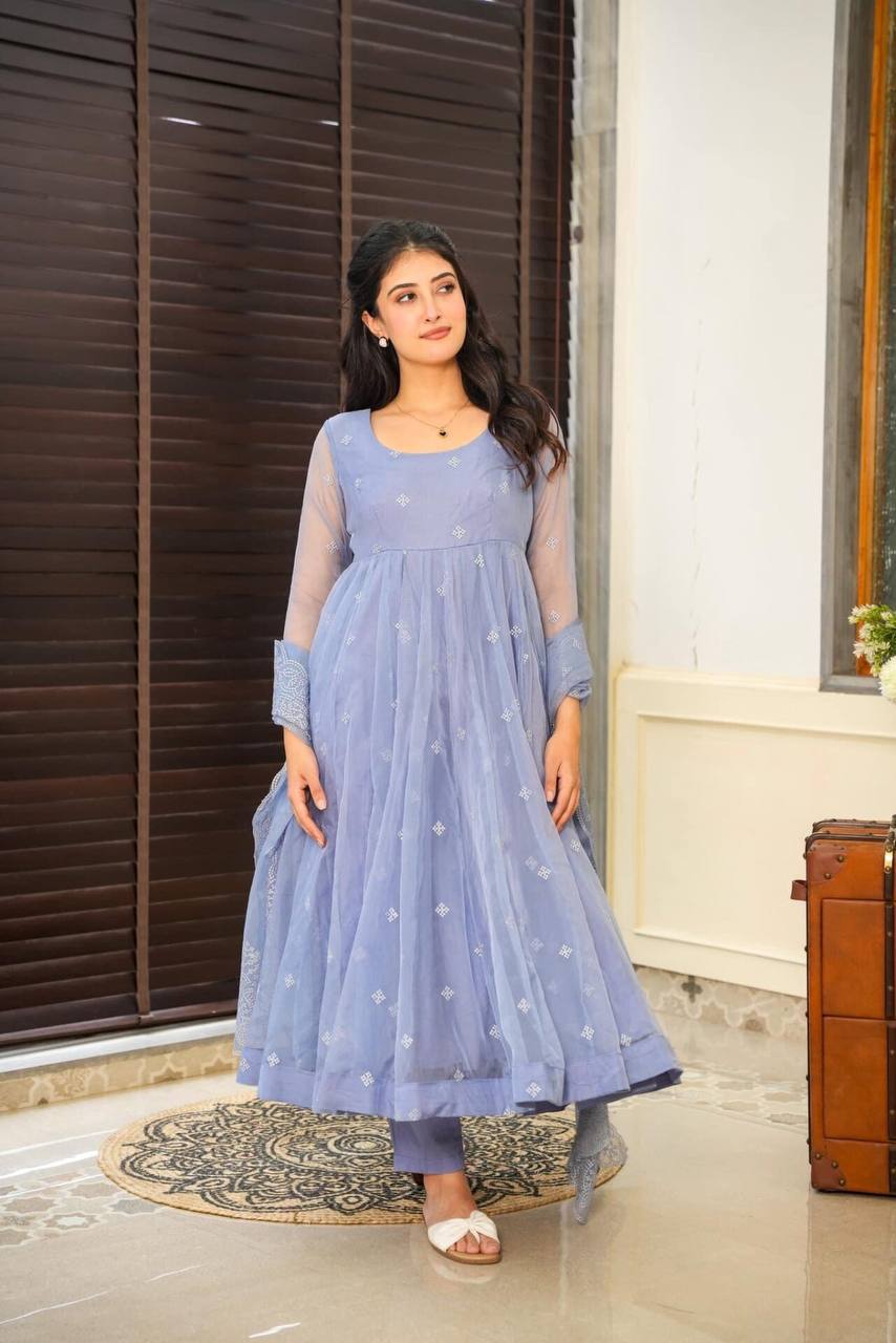 Pastel Blue Embroidered Anarkali Suit With Intricate Embroidery - Shree Fashion