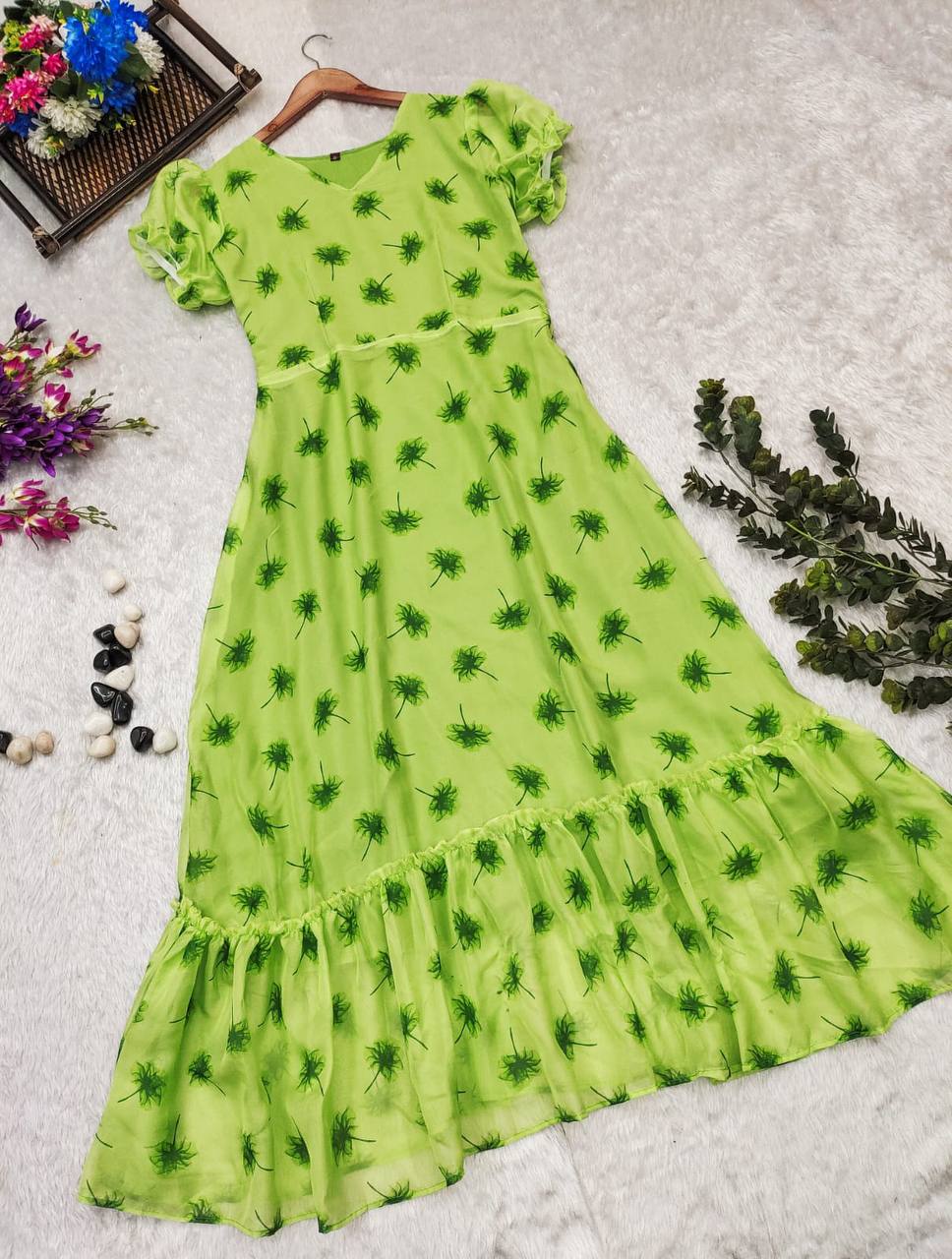 Green Floral Organza -by Shree Fashion