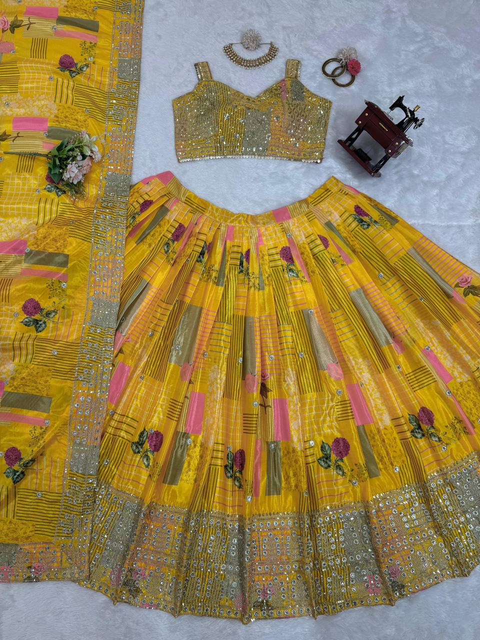 Yellow Color Thread Sequins Work Trendy Silk Designer Lehenga Choli