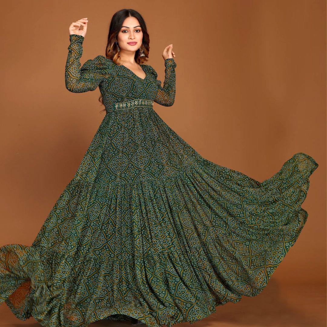 Stylish Georgette Green Bandhani Gown With Belt