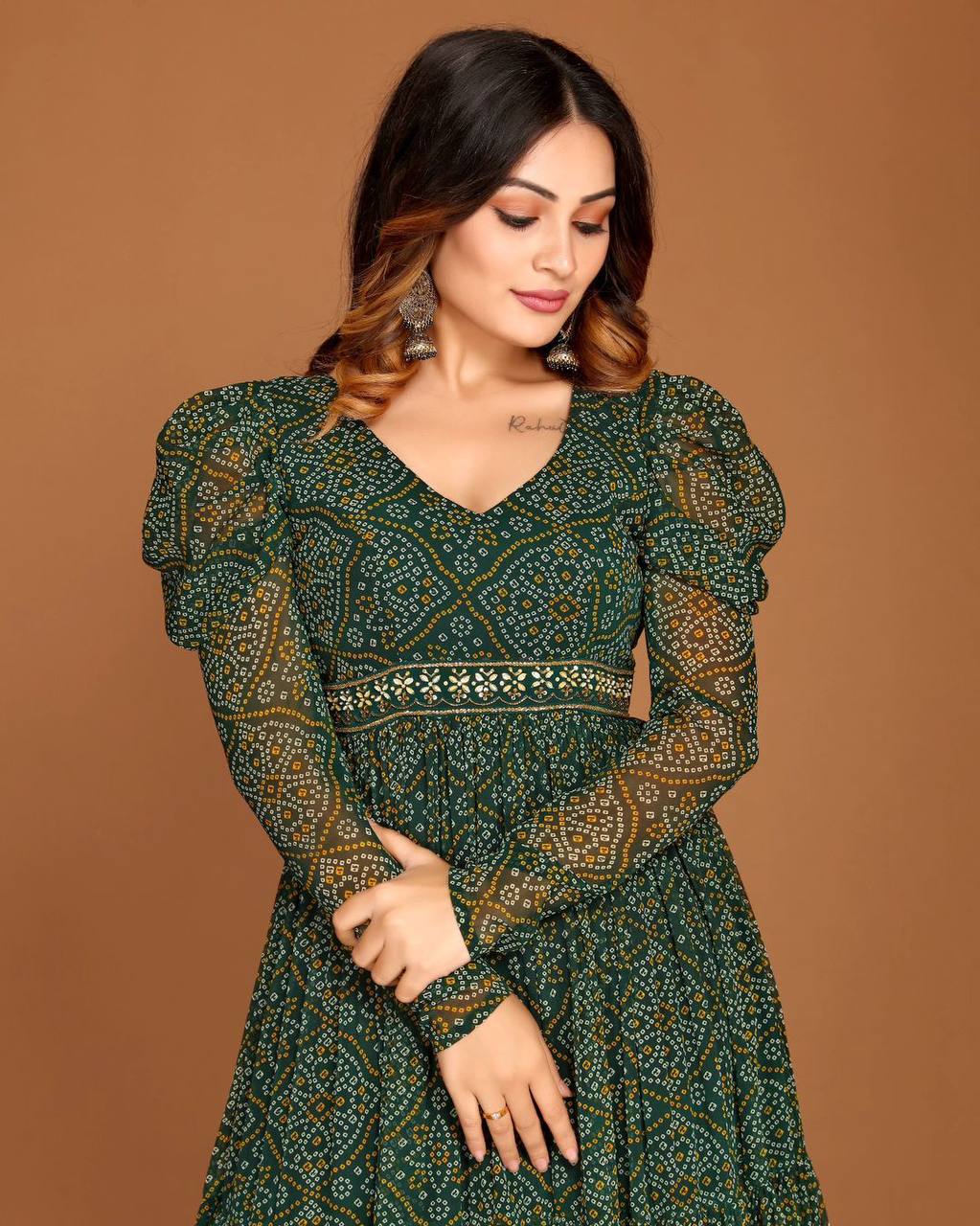 Stylish Georgette Green Bandhani Gown With Belt