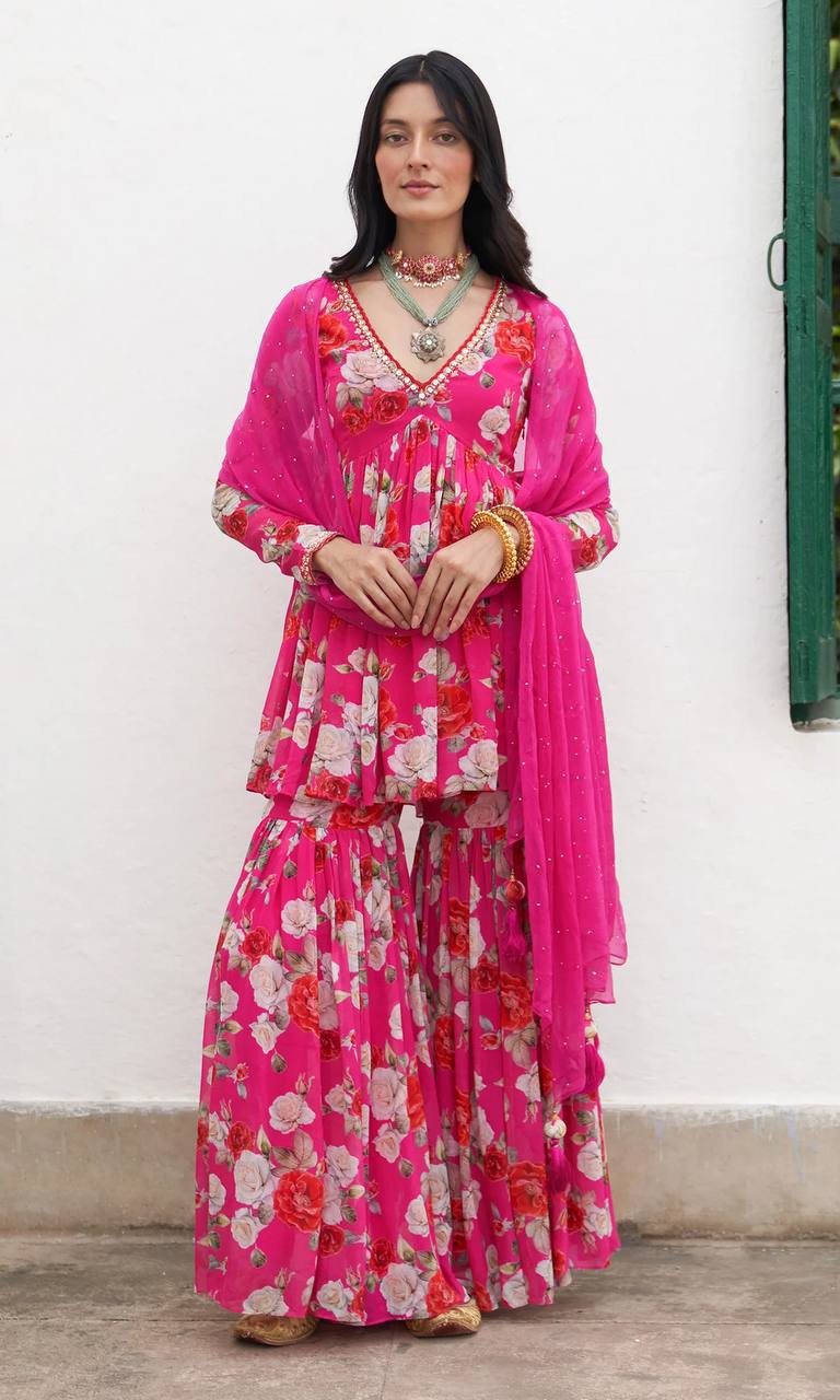 Pink Floral Sharara Set - shree fashion