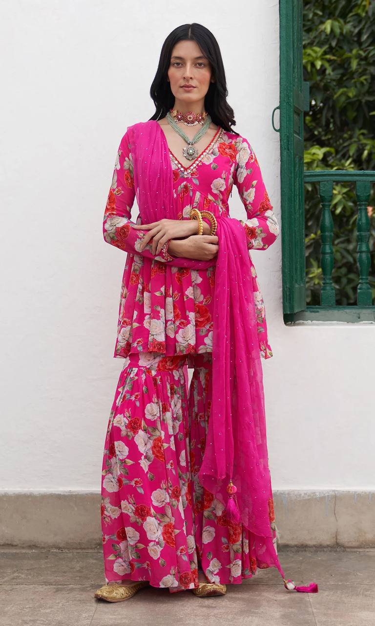 Pink Floral Sharara Set - shree fashion