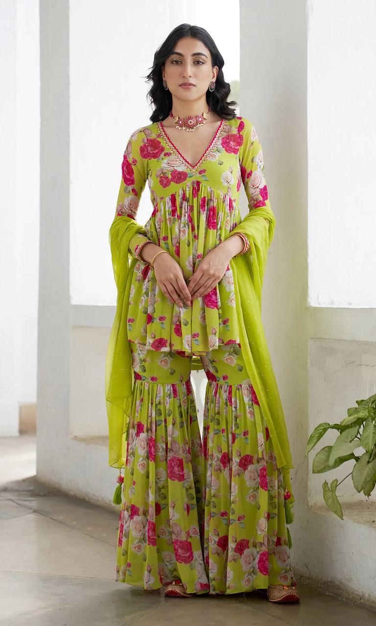 Gulafsha Neon Green V Neck Sharara Set