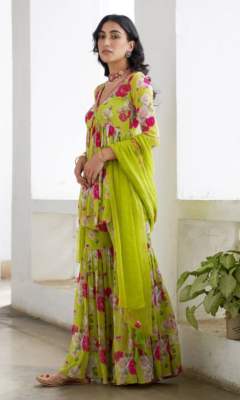 Gulafsha Neon Green V Neck Sharara Set