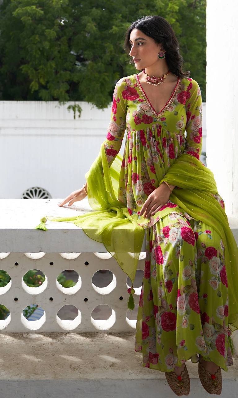 Gulafsha Neon Green V Neck Sharara Set