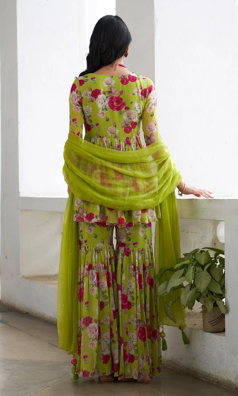 Gulafsha Neon Green V Neck Sharara Set