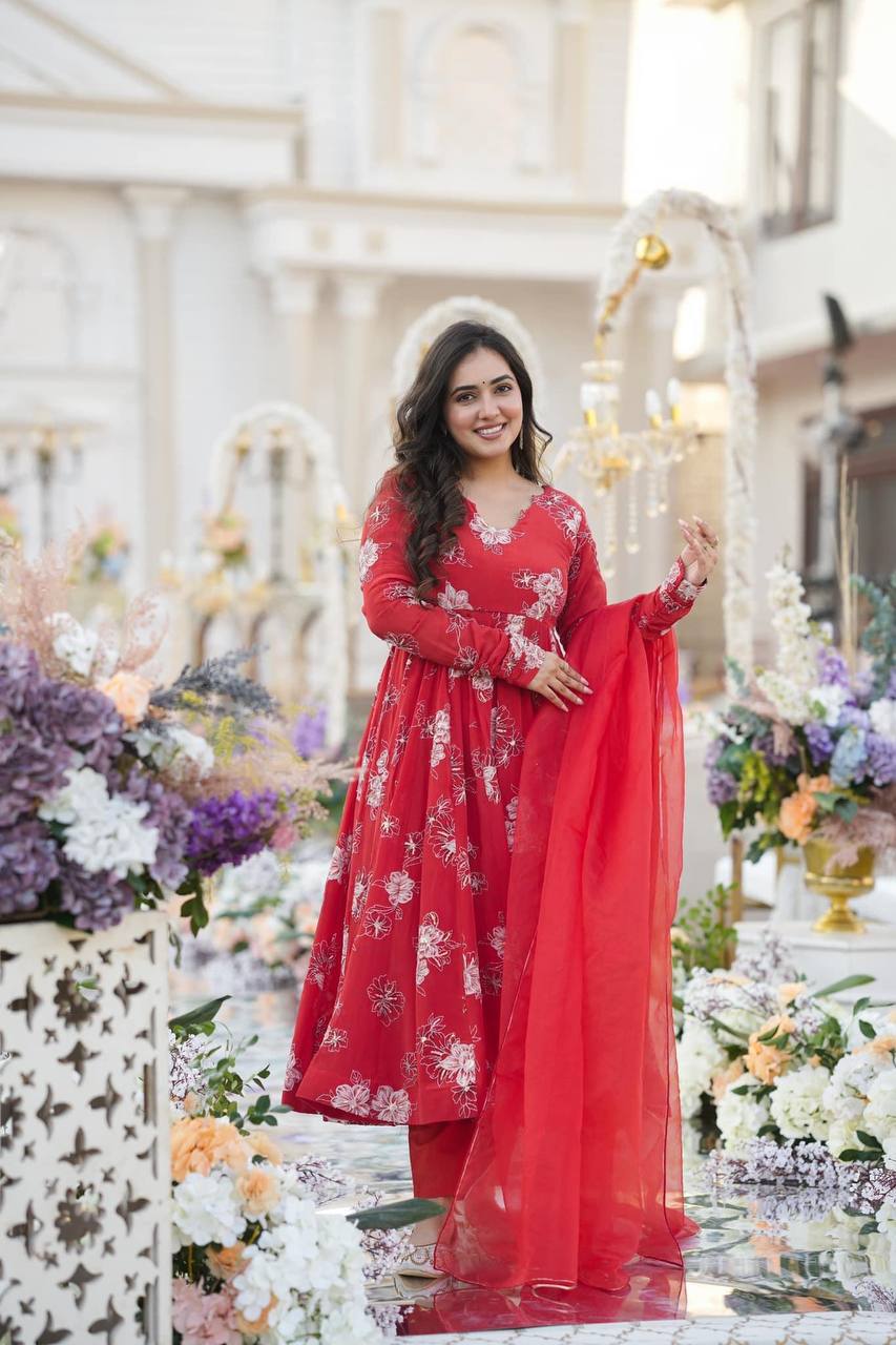 Red Flake Embroidery Anarkali Suit Set