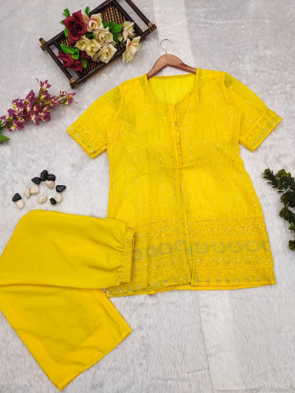 Chicken Georgette Yellow Jacket Blouse Sharara Set