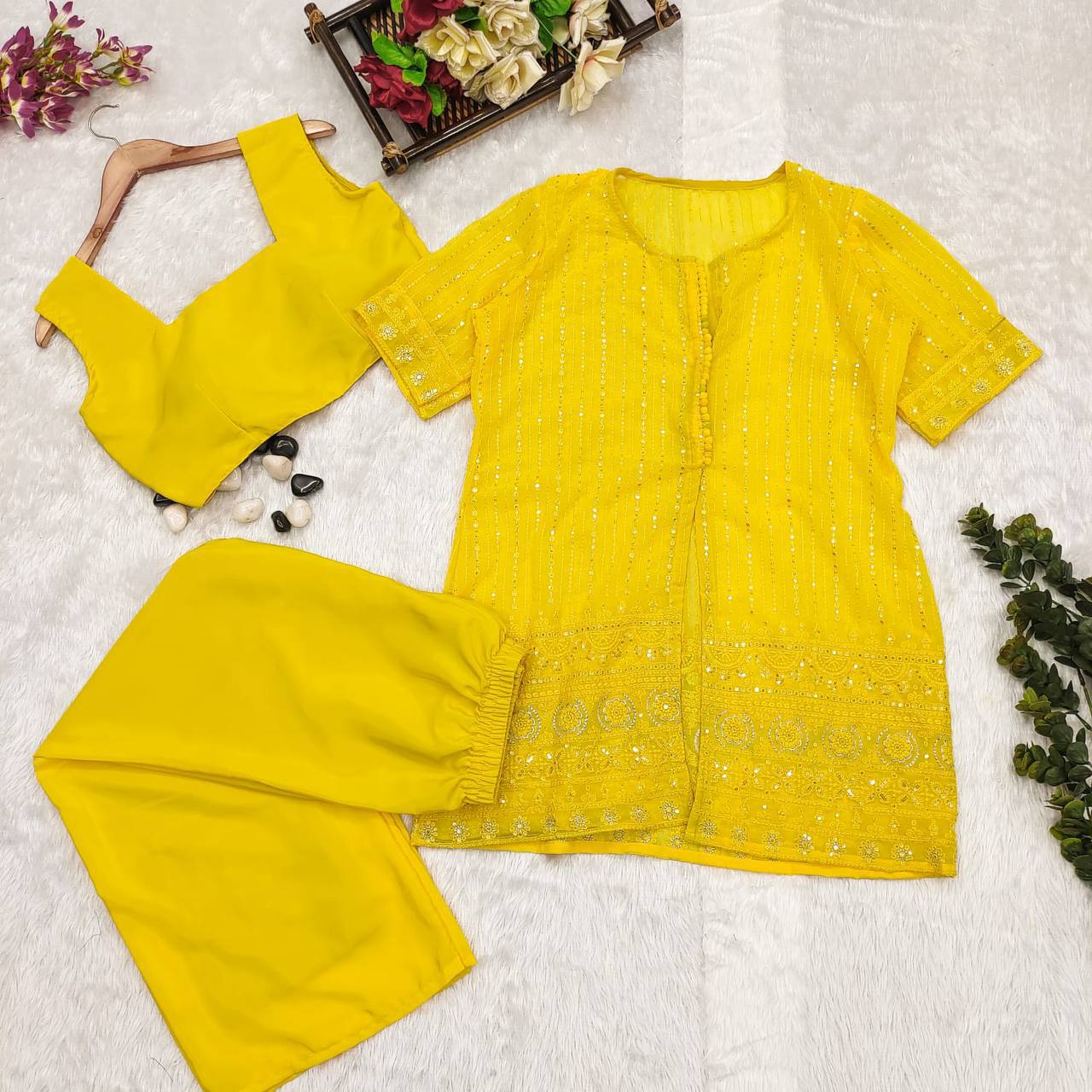 Chicken Georgette Yellow Jacket Blouse Sharara Set