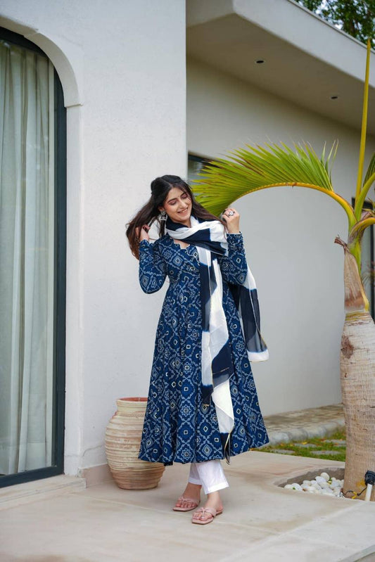 Blue White Bandhani Suit Set