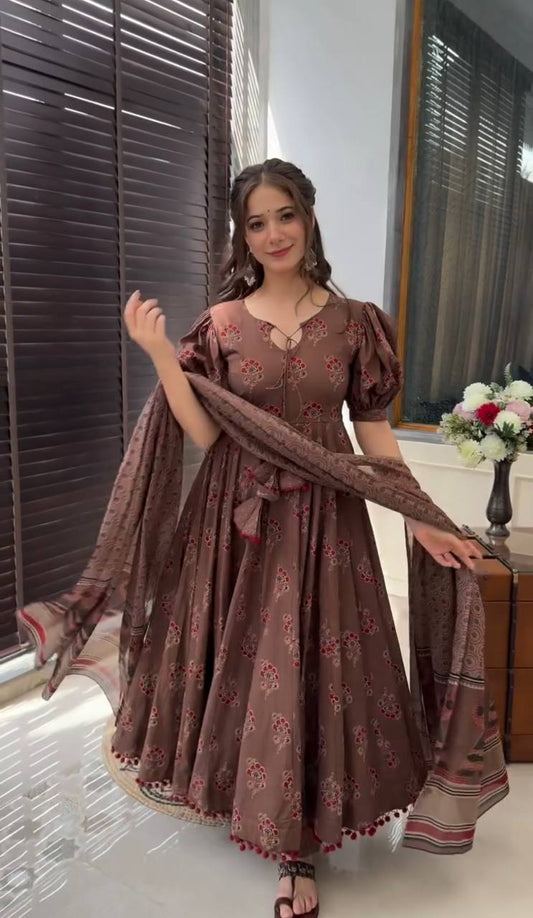 Brown Printed Anarkali Suit With Puff Sleeves