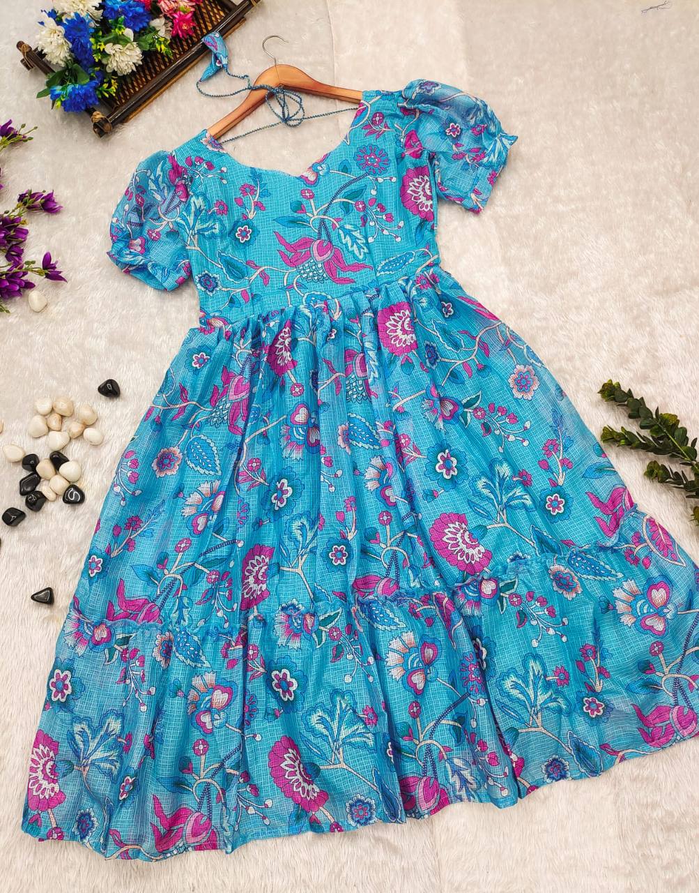 Blue Floral Print Kota Febric With Full Lining Short Frock