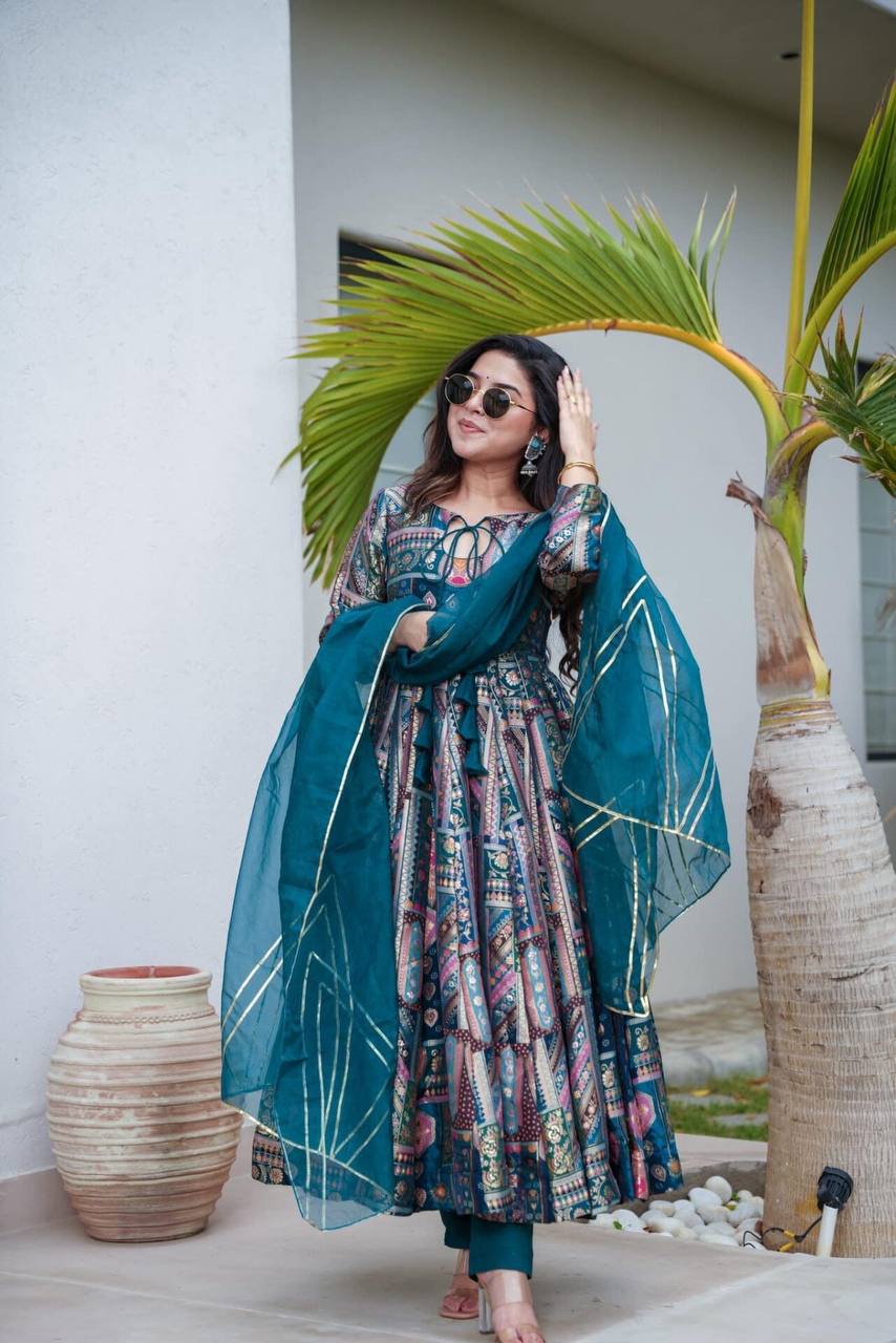 BLue & Green Printed Anarkali Suit Set by Shreefashion