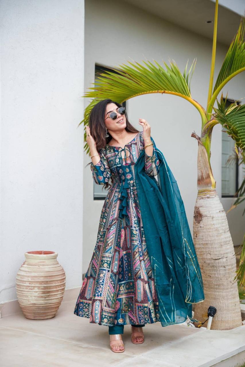 BLue & Green Printed Anarkali Suit Set by Shreefashion