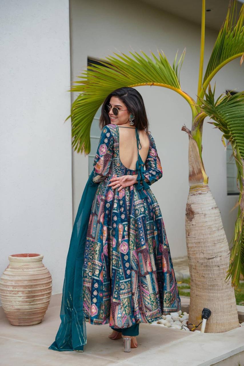 BLue & Green Printed Anarkali Suit Set by Shreefashion