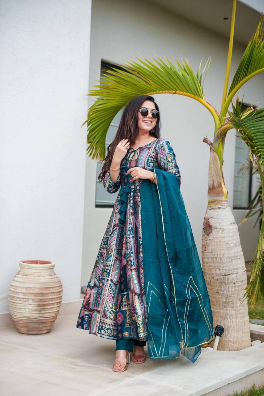 BLue & Green Printed Anarkali Suit Set by Shreefashion