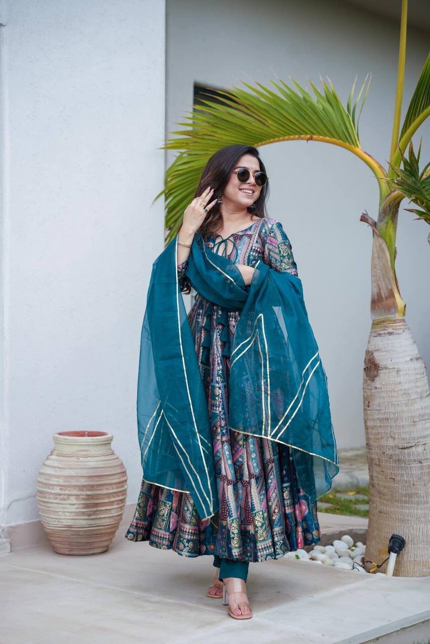 BLue & Green Printed Anarkali Suit Set by Shreefashion