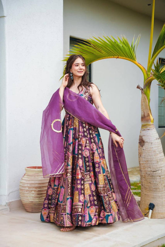 Purple Digital Printed Anarkali Gown With Organza Dupatta